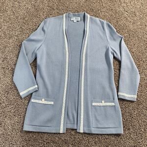 St. John Blue White Santana Knit Long Cardigan Jacket Size Medium Luxury Preppy